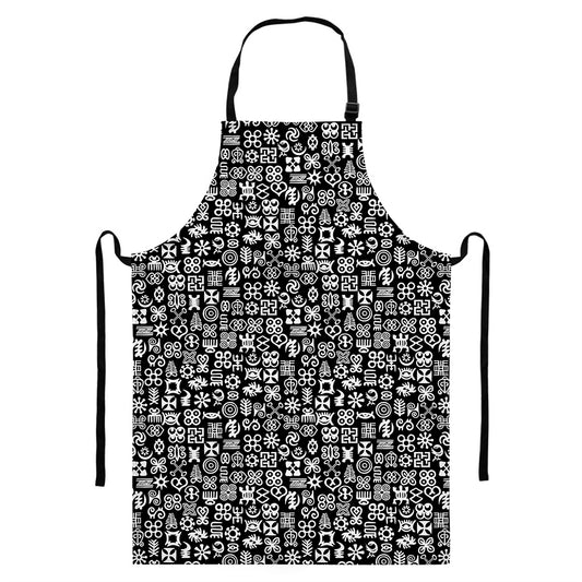White And Black Adinkra Symbols Print Bib Apron With Pocket