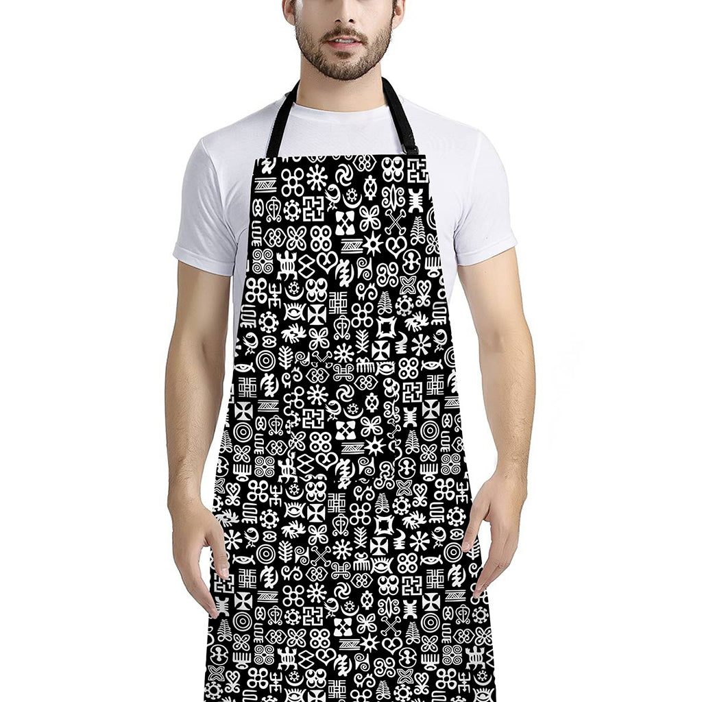 White And Black Adinkra Symbols Print Bib Apron With Pocket