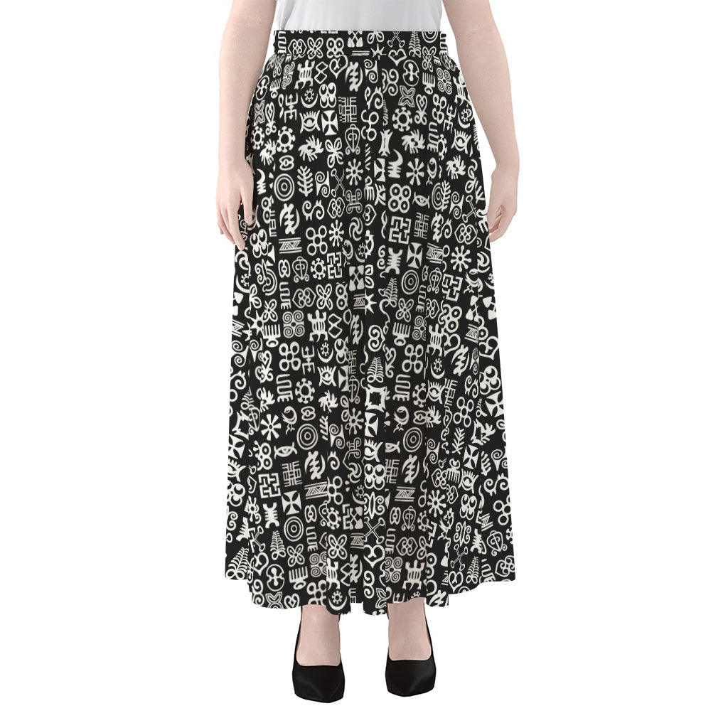 White And Black Adinkra Symbols Print Chiffon Maxi Skirt