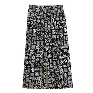 White And Black Adinkra Symbols Print Cotton Front Slit Maxi Skirt