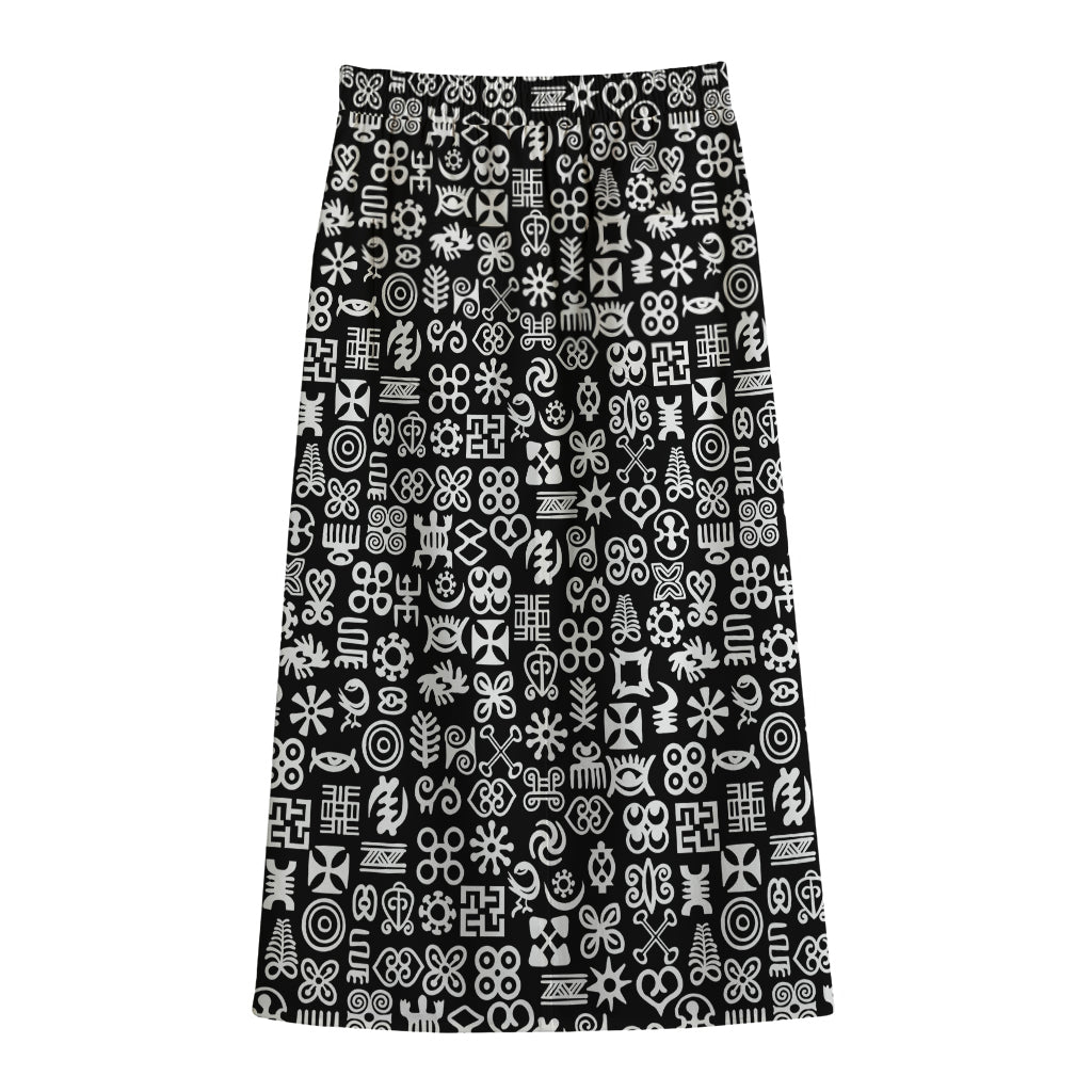 White And Black Adinkra Symbols Print Cotton Front Slit Maxi Skirt