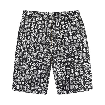 White And Black Adinkra Symbols Print Cotton Shorts