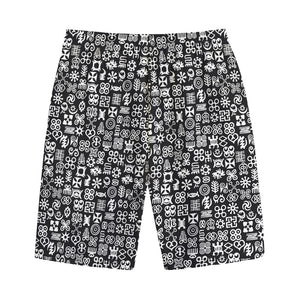 White And Black Adinkra Symbols Print Cotton Shorts