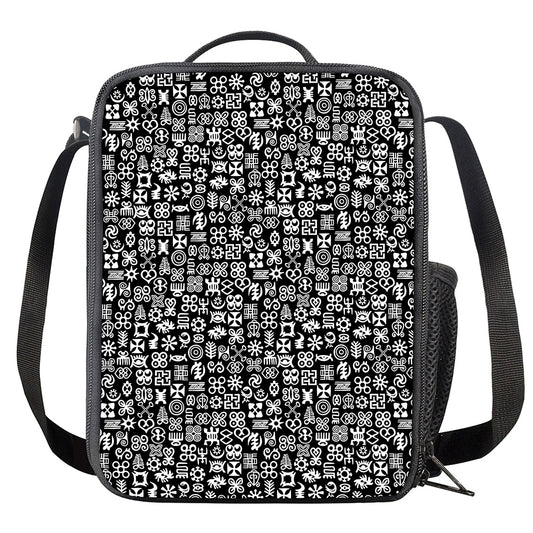 White And Black Adinkra Symbols Print Crossbody Lunch Bag
