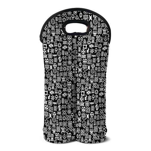 White And Black Adinkra Symbols Print Double Neoprene Wine Tote