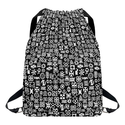 White And Black Adinkra Symbols Print Drawstring Backpack