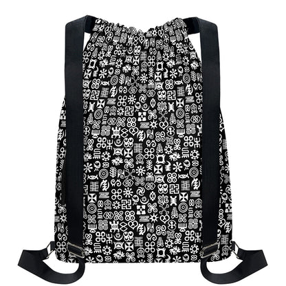 White And Black Adinkra Symbols Print Drawstring Backpack