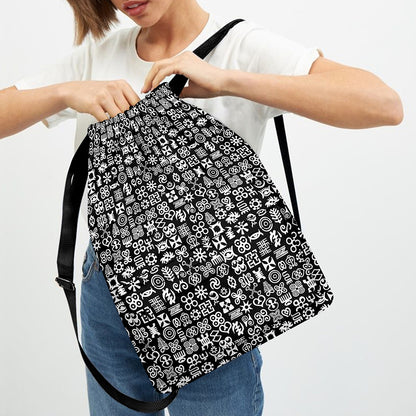 White And Black Adinkra Symbols Print Drawstring Backpack