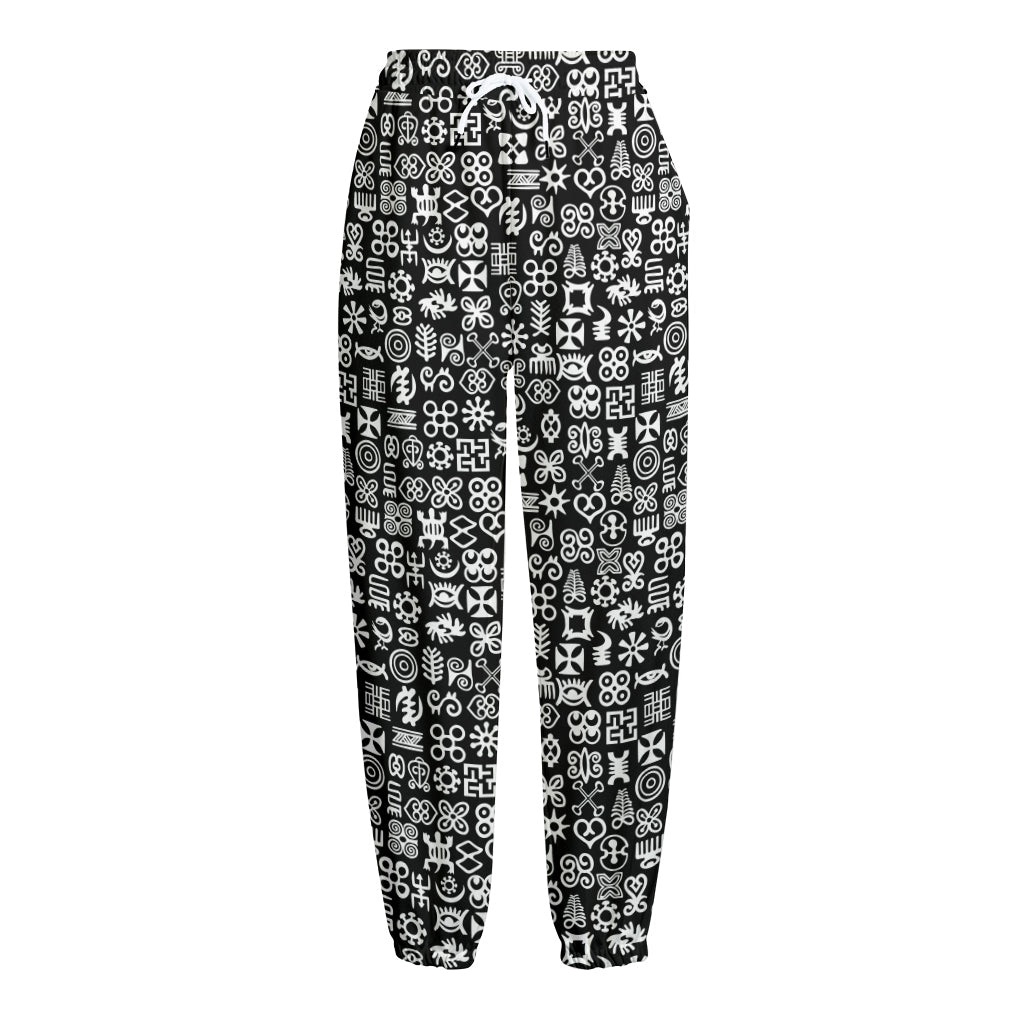 White And Black Adinkra Symbols Print Fleece Lined Knit Pants