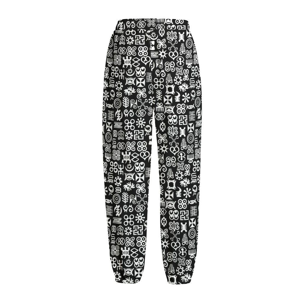 White And Black Adinkra Symbols Print Fleece Lined Knit Pants