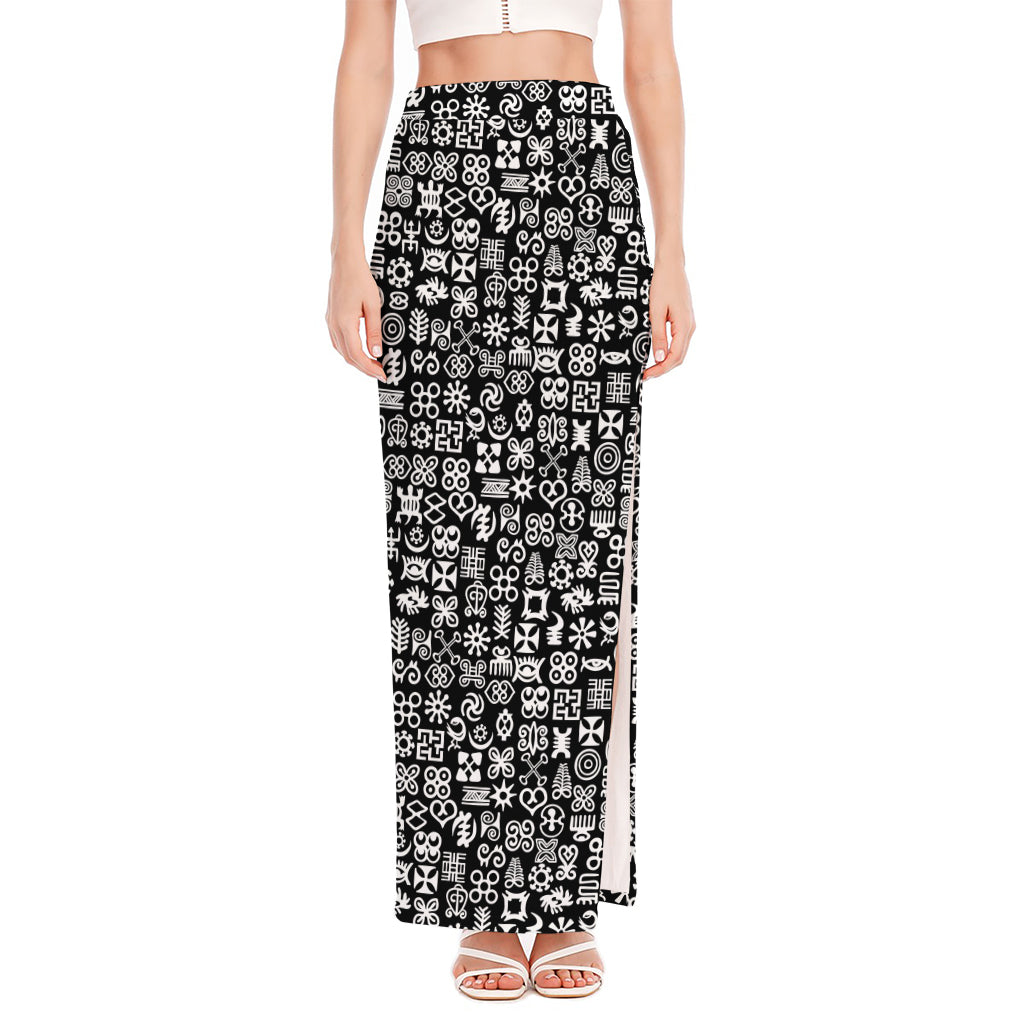 White And Black Adinkra Symbols Print High Slit Maxi Skirt