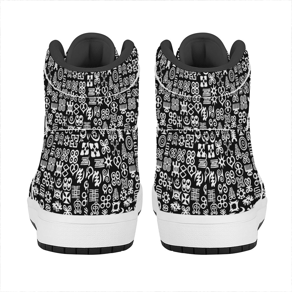 White And Black Adinkra Symbols Print High Top Leather Sneakers