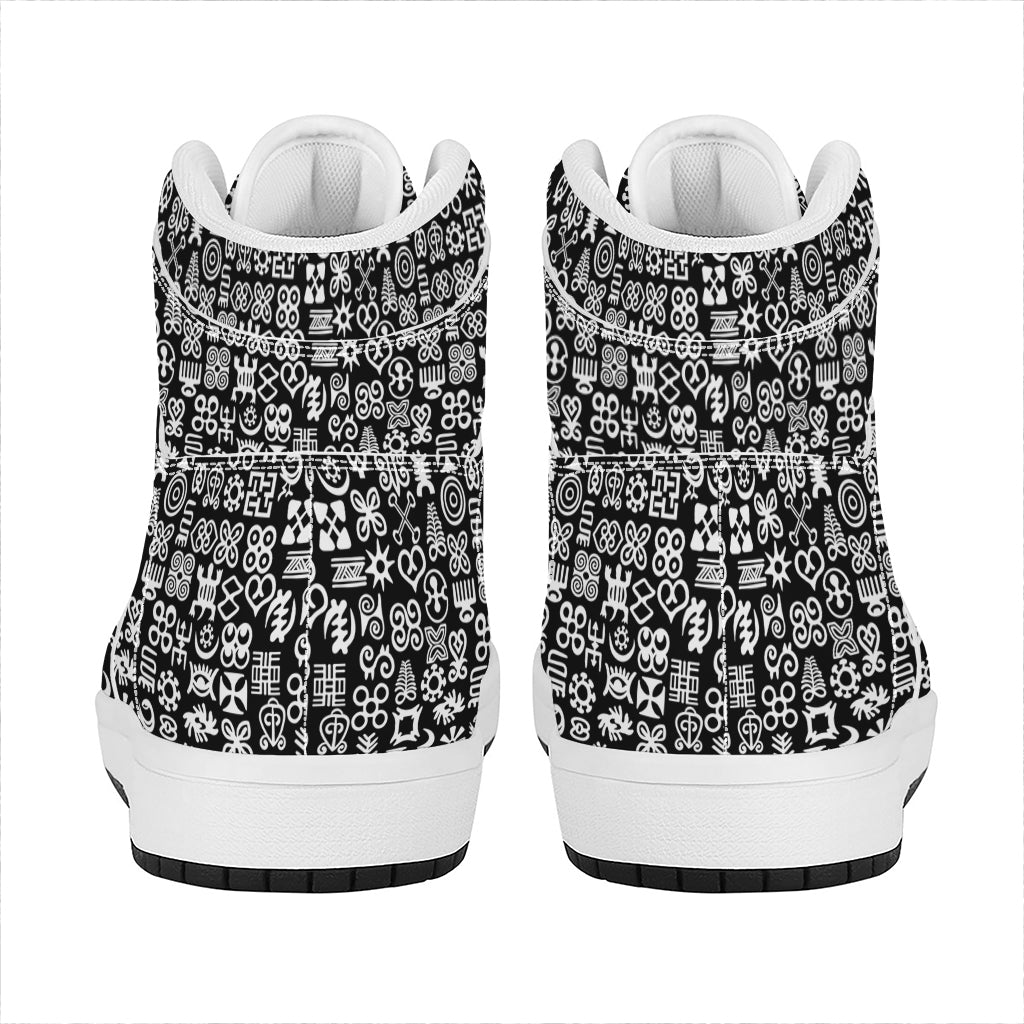 White And Black Adinkra Symbols Print High Top Leather Sneakers