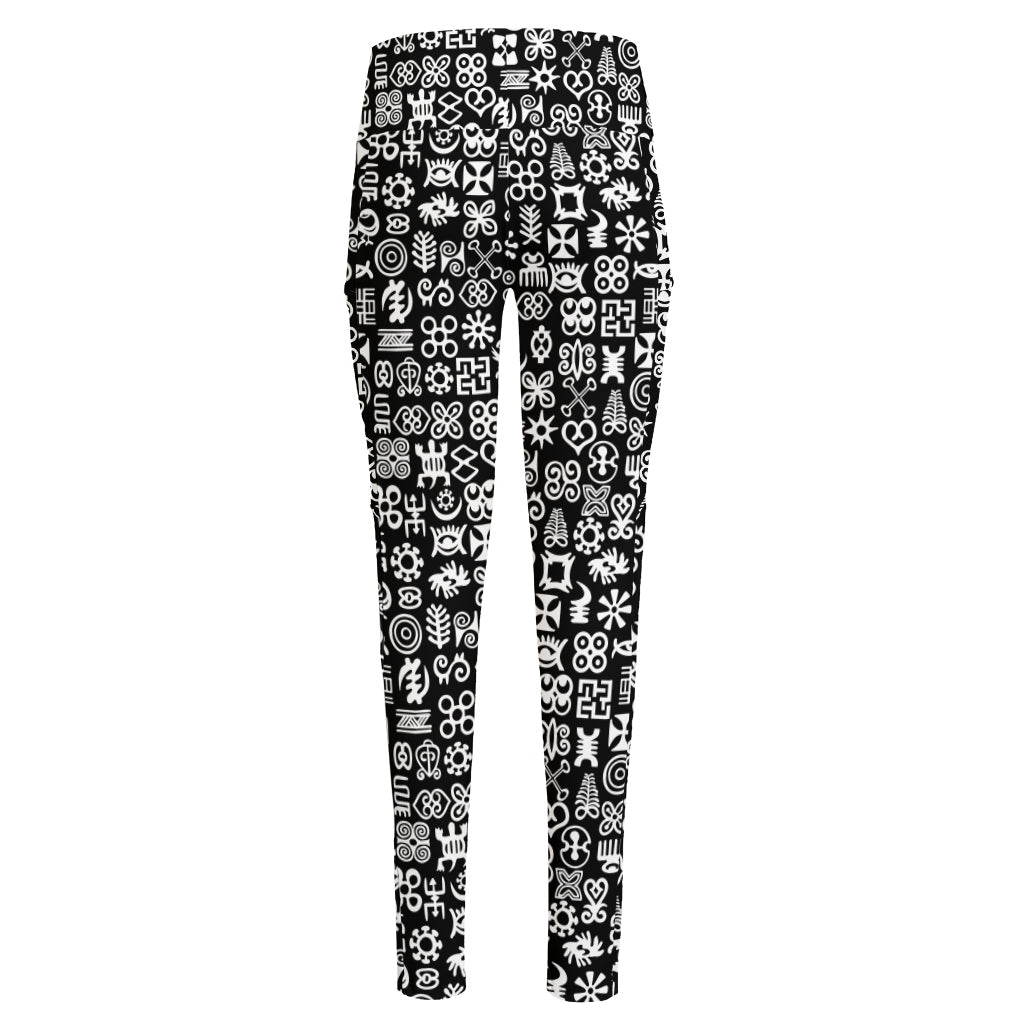 White And Black Adinkra Symbols Print High-Waisted Pocket Leggings