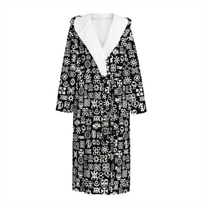 White And Black Adinkra Symbols Print Hooded Bathrobe