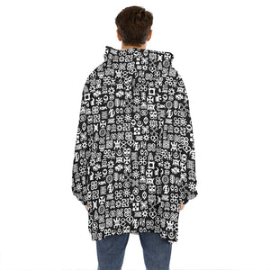 White And Black Adinkra Symbols Print Hoodie Blanket