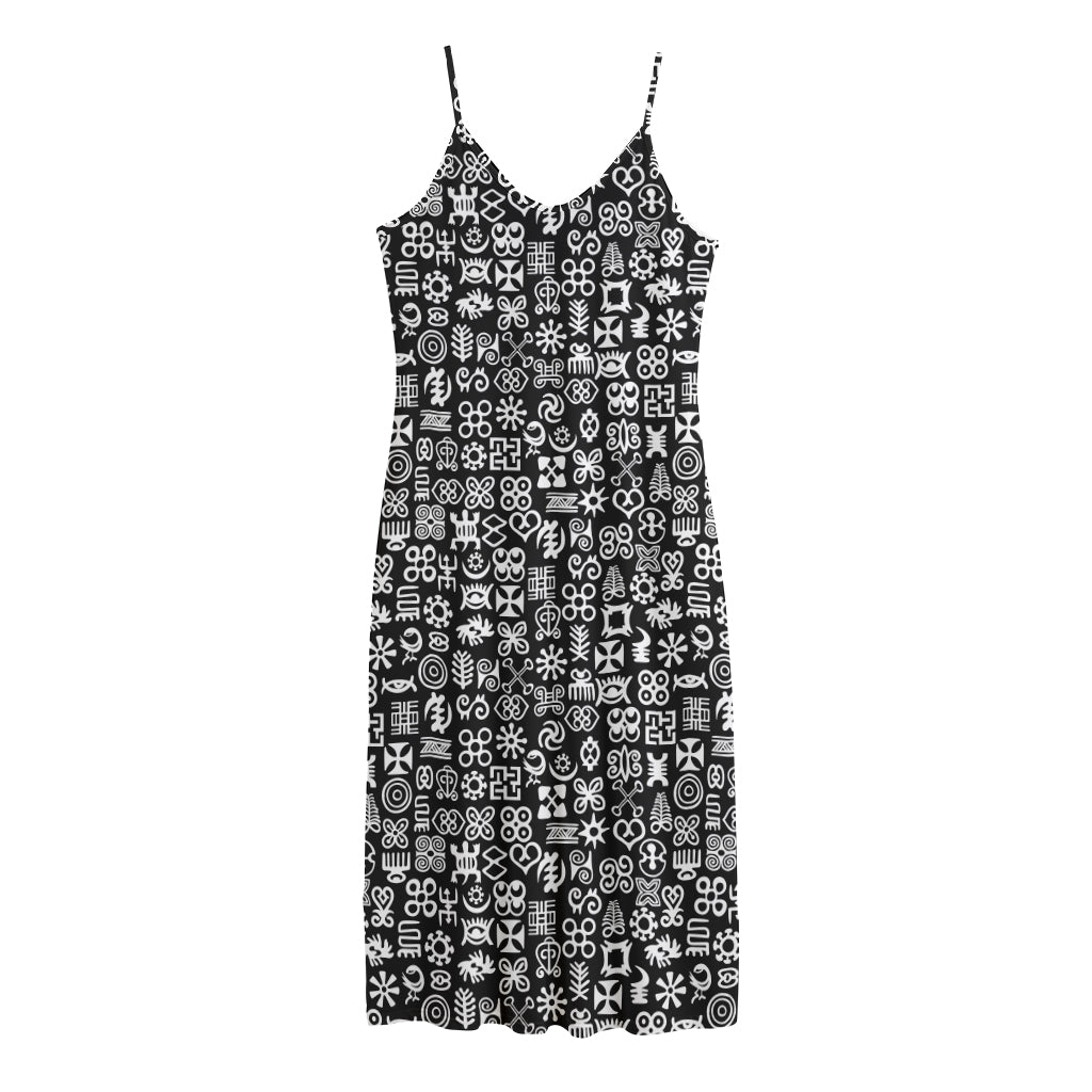 White And Black Adinkra Symbols Print Jersey Midi Cami Dress