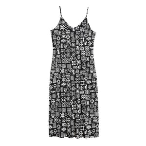 White And Black Adinkra Symbols Print Jersey Midi Cami Dress