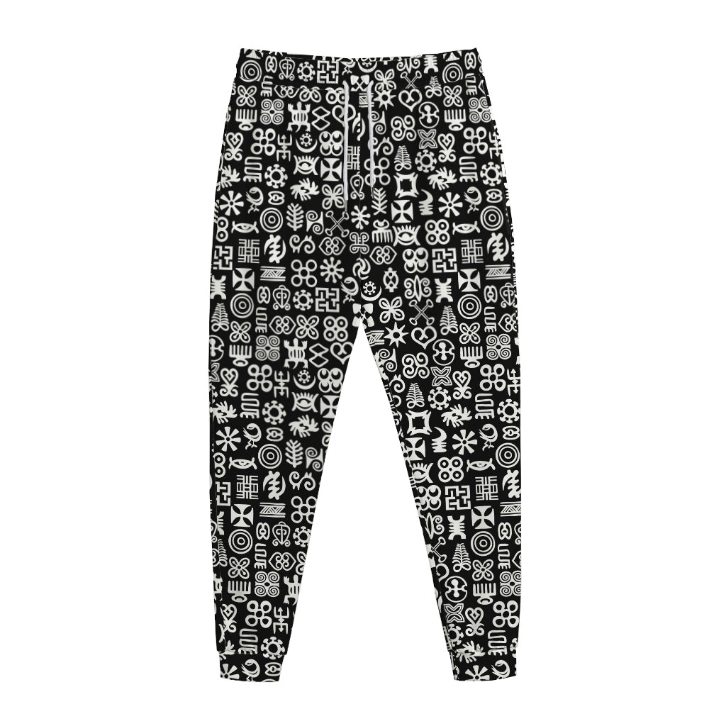 White And Black Adinkra Symbols Print Jogger Pants