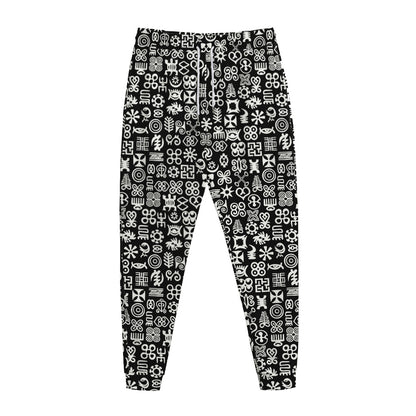 White And Black Adinkra Symbols Print Jogger Pants