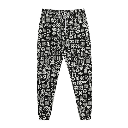White And Black Adinkra Symbols Print Jogger Pants