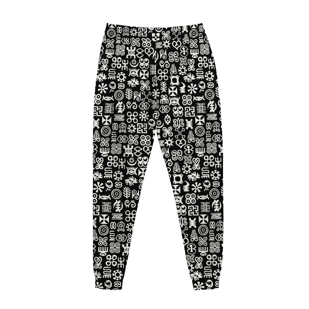 White And Black Adinkra Symbols Print Jogger Pants