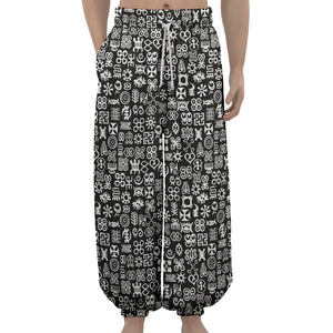 White And Black Adinkra Symbols Print Lantern Pants