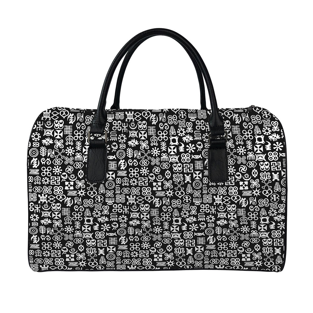 White And Black Adinkra Symbols Print Leather Duffle Bag