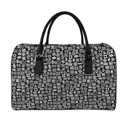 White And Black Adinkra Symbols Print Leather Duffle Bag
