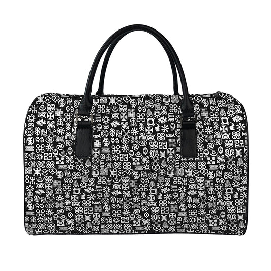 White And Black Adinkra Symbols Print Leather Duffle Bag