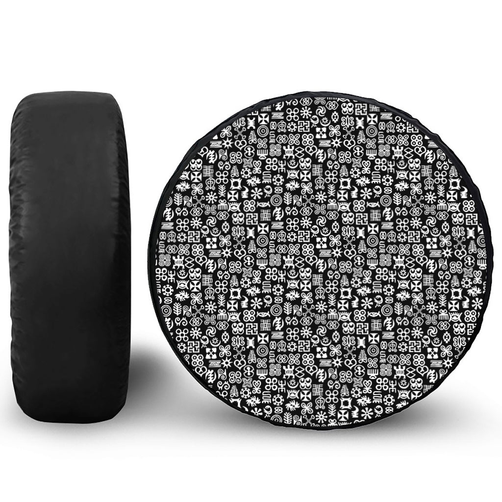 White And Black Adinkra Symbols Print Leather Spare Tire Cover