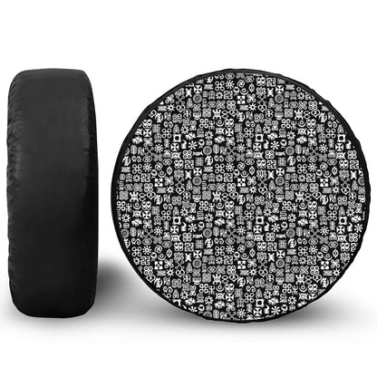 White And Black Adinkra Symbols Print Leather Spare Tire Cover