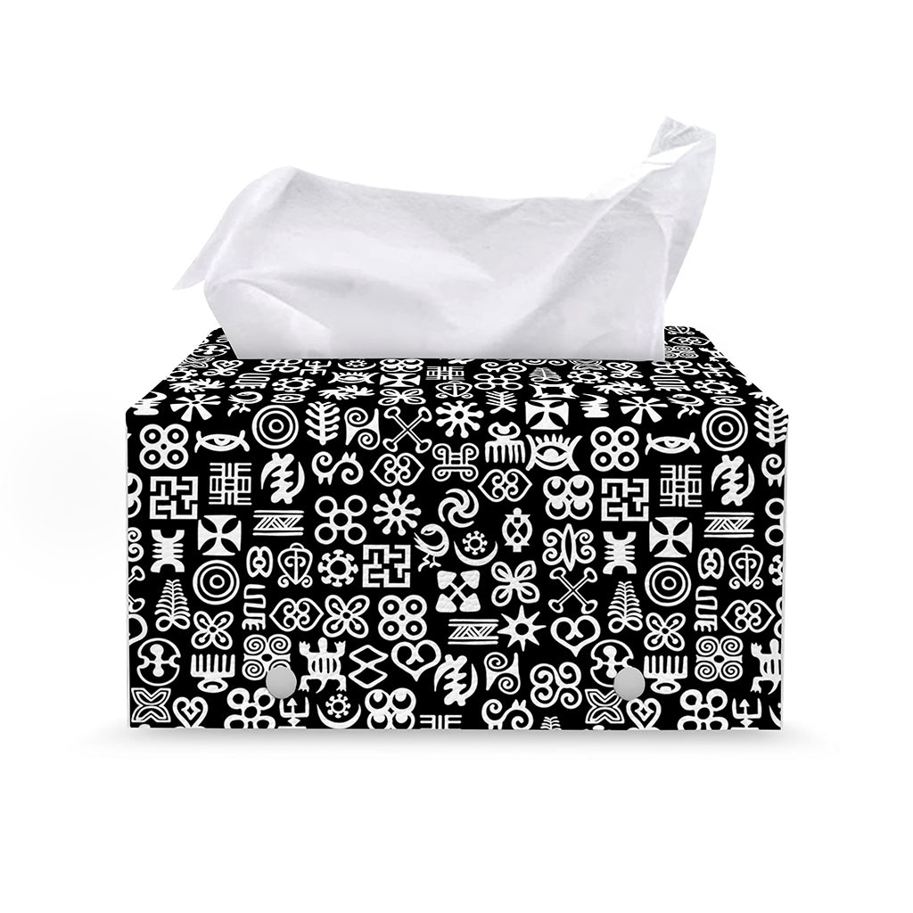 White And Black Adinkra Symbols Print Leather Tissue Box Cover