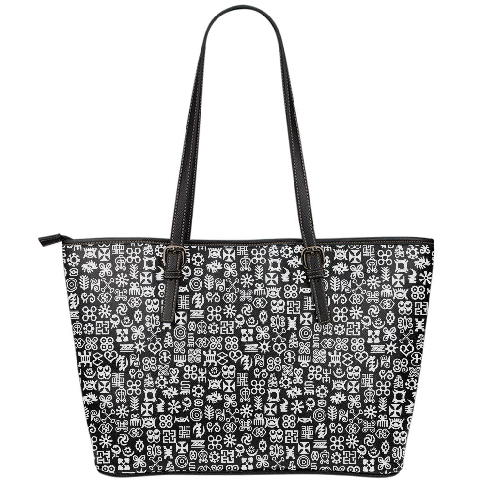 White And Black Adinkra Symbols Print Leather Tote Bag