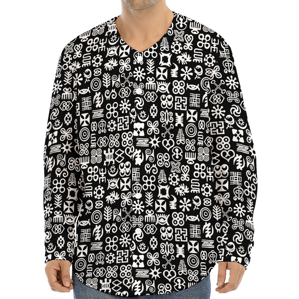 White And Black Adinkra Symbols Print Long Sleeve Baseball Jersey