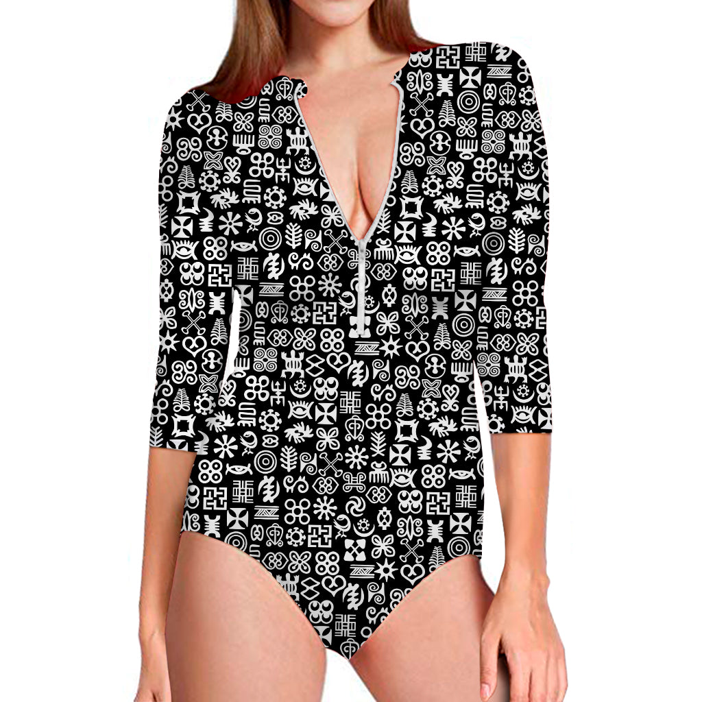 White And Black Adinkra Symbols Print Long Sleeve Swimsuit