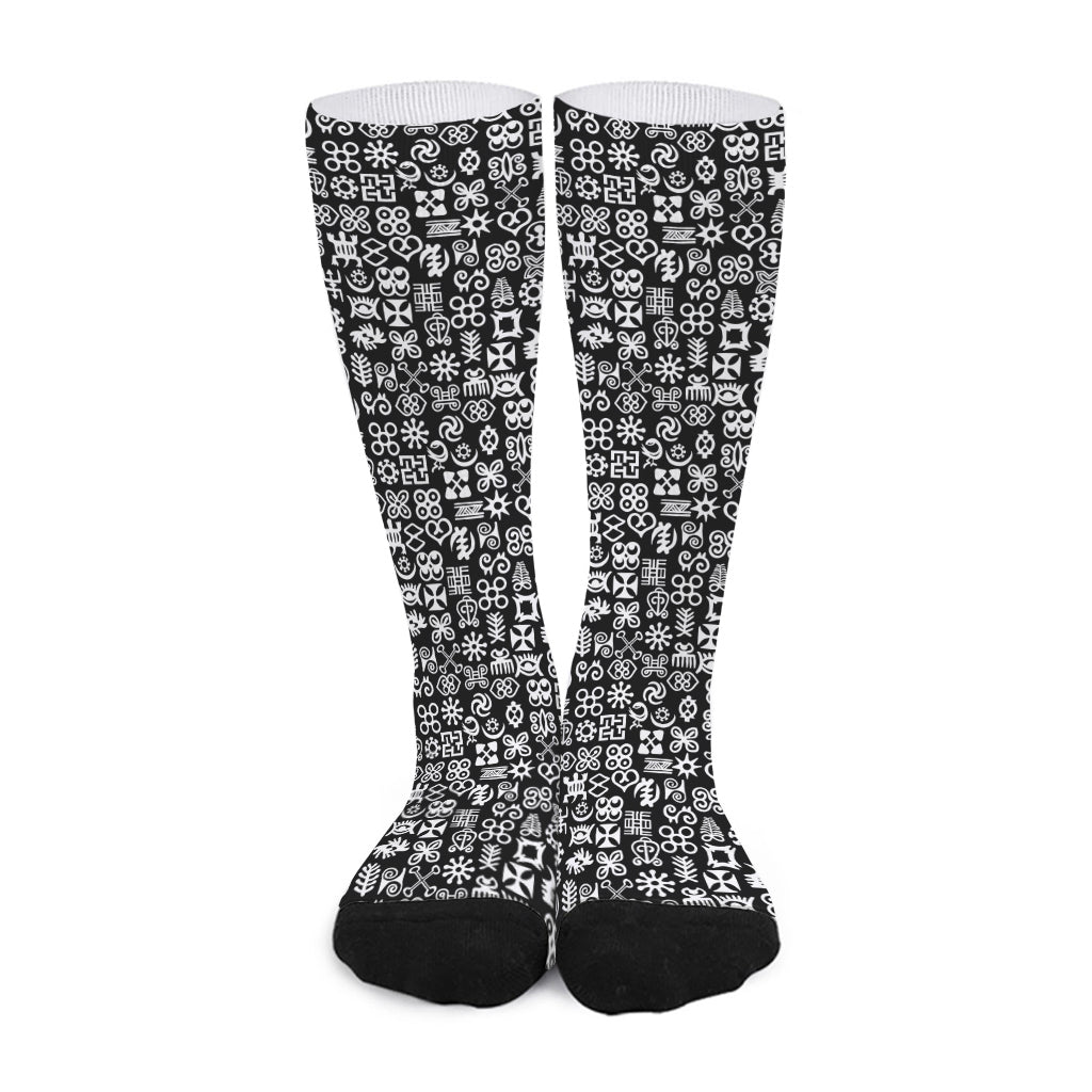 White And Black Adinkra Symbols Print Long Socks