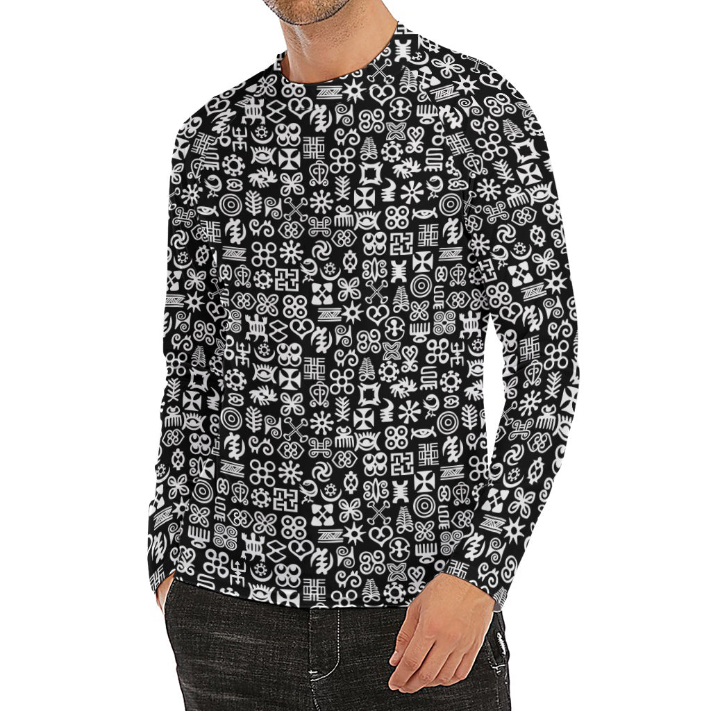 White And Black Adinkra Symbols Print Men's Long Sleeve Rash Guard