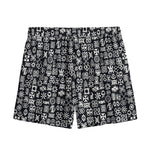 White And Black Adinkra Symbols Print Mesh Shorts