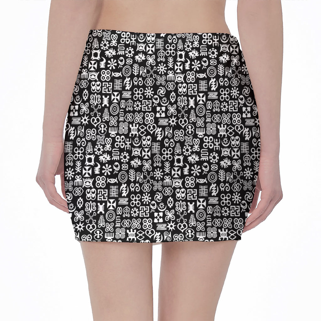 White And Black Adinkra Symbols Print Pencil Mini Skirt