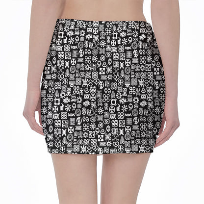 White And Black Adinkra Symbols Print Pencil Mini Skirt