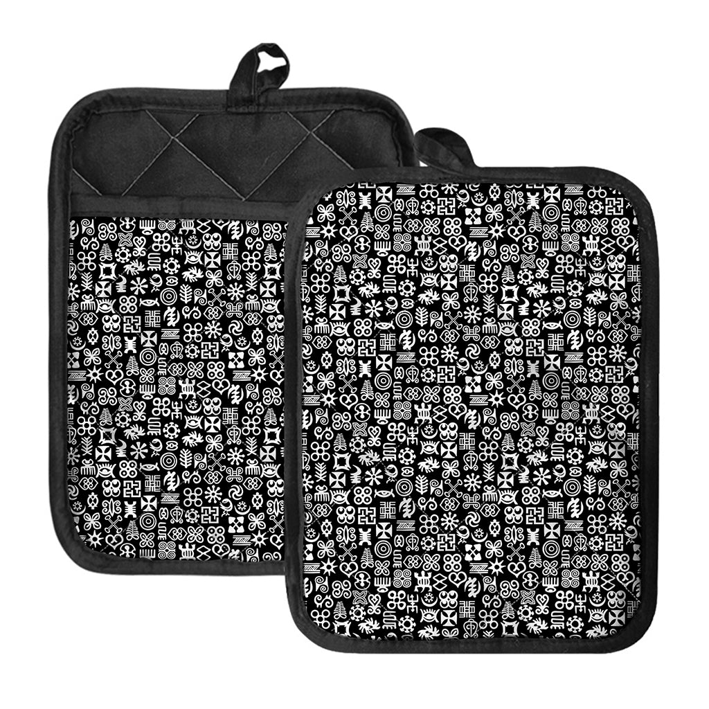 White And Black Adinkra Symbols Print Pot Holders With Pocket