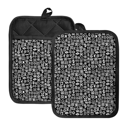 White And Black Adinkra Symbols Print Pot Holders With Pocket