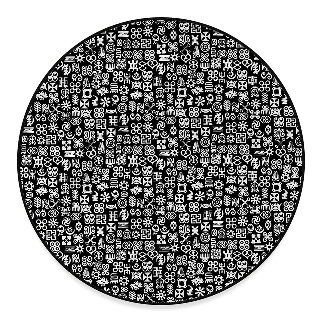 White And Black Adinkra Symbols Print Round Floor Mat