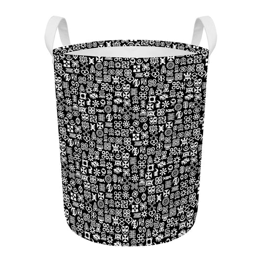 White And Black Adinkra Symbols Print Round Laundry Basket