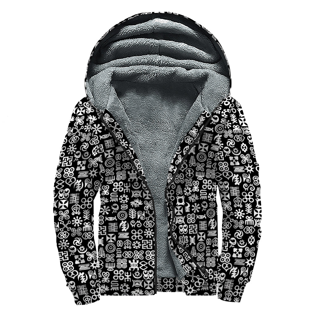 White And Black Adinkra Symbols Print Sherpa Lined Zip Up Hoodie