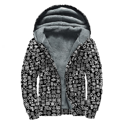 White And Black Adinkra Symbols Print Sherpa Lined Zip Up Hoodie