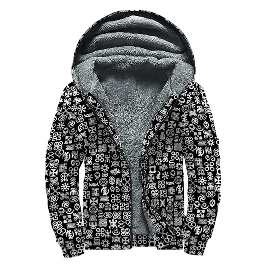 White And Black Adinkra Symbols Print Sherpa Lined Zip Up Hoodie