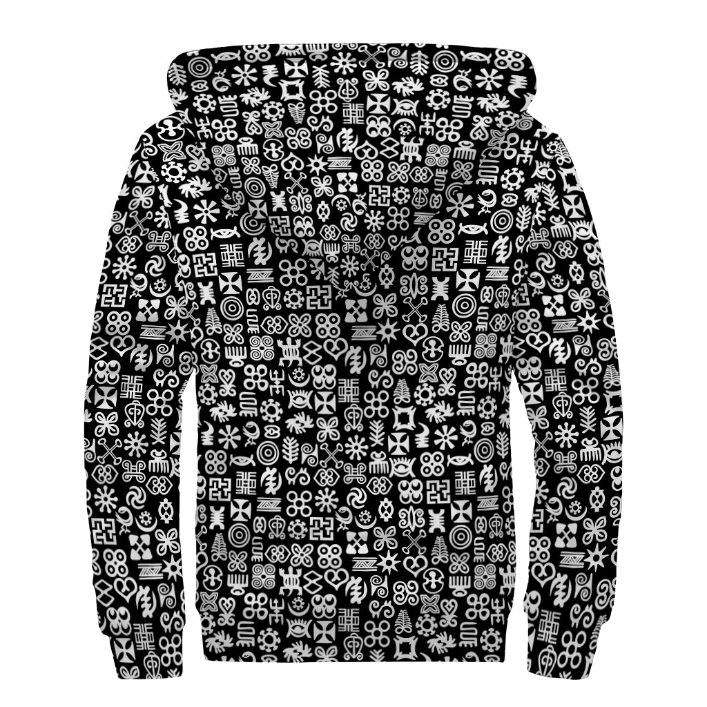 White And Black Adinkra Symbols Print Sherpa Lined Zip Up Hoodie