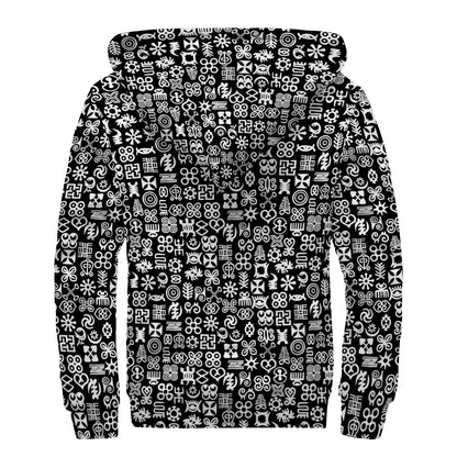 White And Black Adinkra Symbols Print Sherpa Lined Zip Up Hoodie